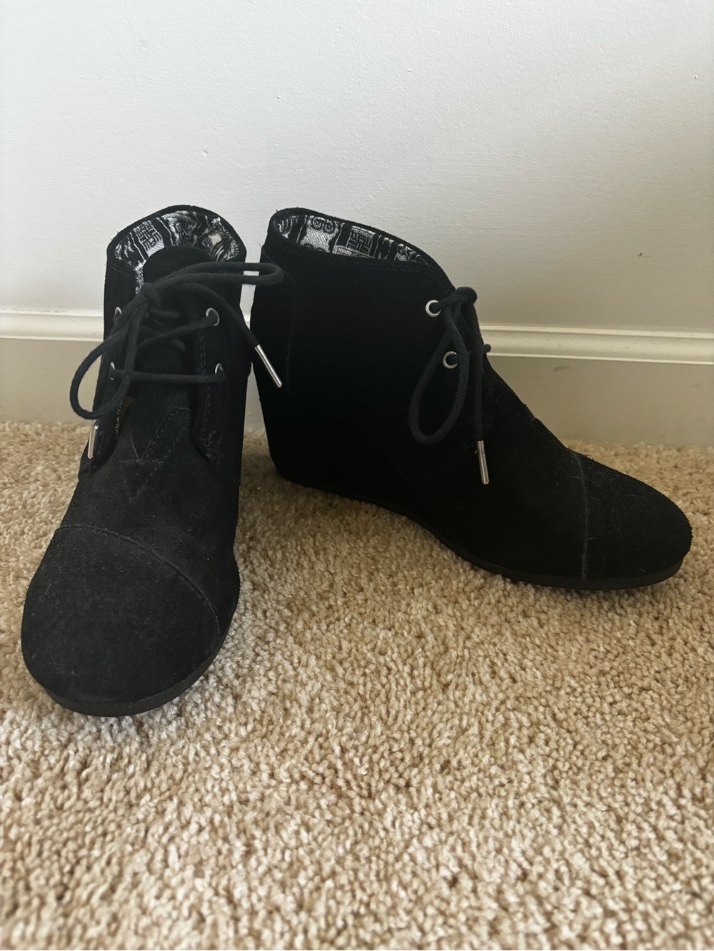 TOMS Black Suede Lace-Up Wedge Ankle Boots